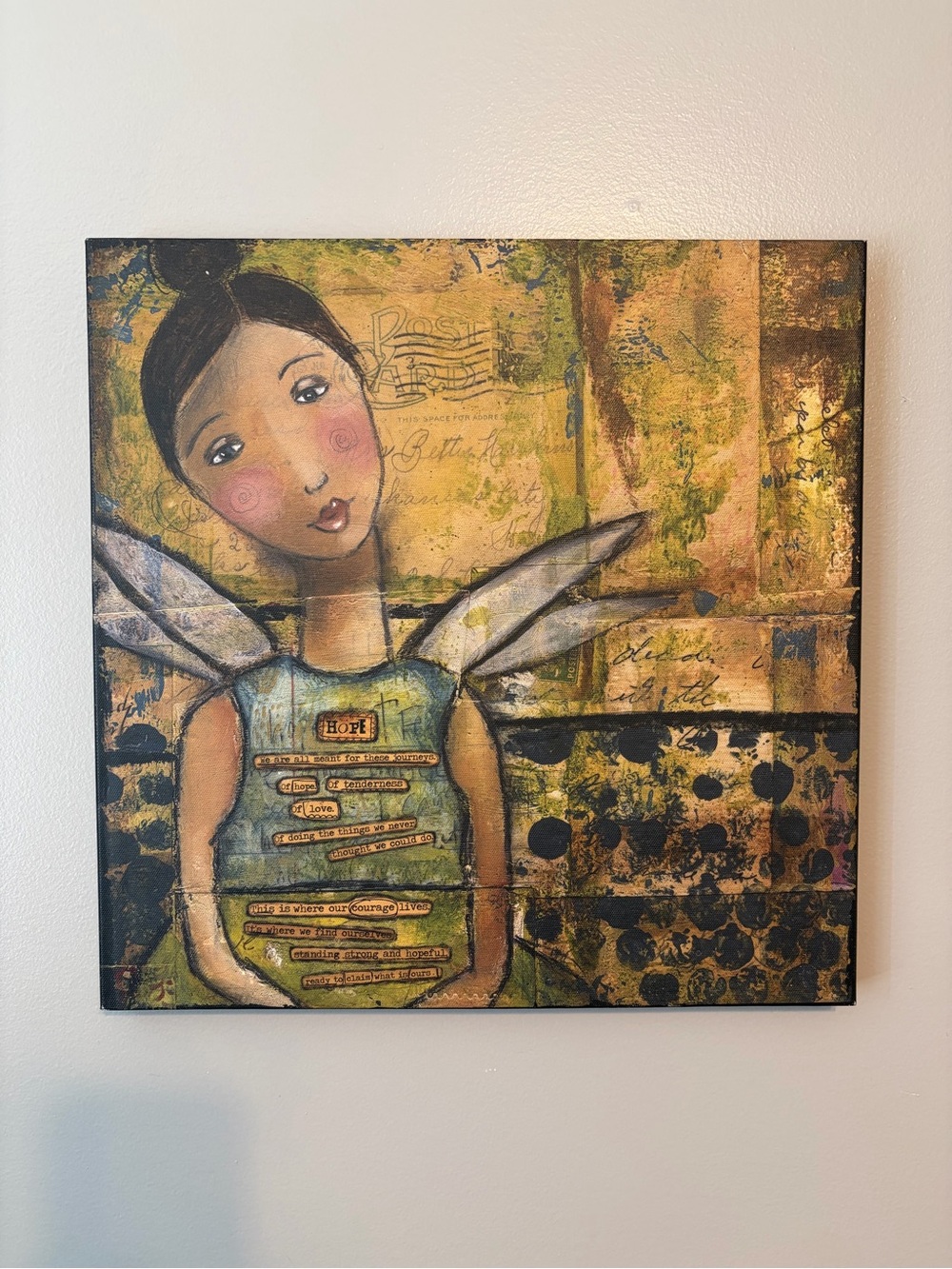 Whimsical Mixed-Media Angel Wall Art in Green and Gold by